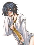  bad_id bad_pixiv_id between_breasts blue_eyes blue_hair blush breasts embarrassed labcoat medium_breasts necktie no_bra open_clothes open_shirt oversized_clothes panties persona persona_4 shirogane_naoto shirt short_hair solo underwear you_(kimito) 