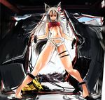  abs alf874 anger_vein angry animal_ears anklet bandages barefoot bracelet breasts chain collar copyright_request crushing destruction forklift giantess jewelry long_hair medium_breasts muscle red_eyes shirt silver_hair solo tail torn_clothes torn_shirt underboob wolf_ears 