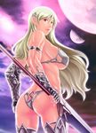  armor ass bikini bikini_armor blonde_hair breasts earrings full_moon gauntlets highres huge_breasts jewelry long_hair looking_back moon muscle original red_eyes shoumaru_(gadget_box) solo swimsuit sword weapon 