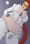  braid breasts capcom cleavage crimson_viper from_below glasses gloves large_breasts navel necktie ponytail pubic_hair red_hair solo street_fighter street_fighter_iv_(series) 