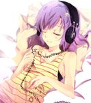  artist_request bed closed_eyes headphones lying on_back original pillow purple_hair solo 