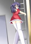  blue_hair christmas clannad highres ichinose_kotomi ladder long_hair panties purple_eyes skirt solo standing thighhighs thong underwear upskirt yumiya_yuuto 