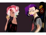  2boys black_shirt closed_mouth dark_skin dark_skinned_male facial_hair goatee gradient_hair grey_shirt guitar_case highres ikkan_(splatoon) instrument_case jirou_(sdogowikqq3yxwa) male_focus multicolored_hair multiple_boys octarian off_shoulder pointy_ears purple_hair red_hair shirt skeleton_print skinny splatoon splatoon_(series) splatoon_2 t-shirt tentacle_hair tentacle_piercing upper_body warabi_(splatoon) 