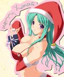  areolae between_breasts bikini_top breasts christmas elbow_gloves gift gift_between_breasts gloves green_hair hat large_breasts nakano_sora original purple_eyes red_gloves santa_hat solo 