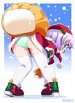  ass bent_over blue_eyes blush copyright_request from_behind green_panties hat looking_back panties purple_hair sack santa_costume santa_hat shisui skirt skirt_lift solo thighhighs underwear white_legwear 