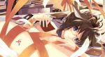  animal_ears book brown_hair cat_ears feathers glasses hammer_and_sickle kabocha_(monkey4) kemomimi_megane_shisho-san lying naked_ribbon nude original purple_eyes ribbon short_hair solo 