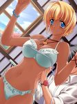  1girl bikini blonde_hair blue_eyes bracelet bust_measuring dark_skin day duplicate game_cg ganguro jewelry measuring mizuki_(quilt) quilt_(game) short_hair side-tie_bikini solo_focus sugiyama_genshou swimsuit tape_measure 