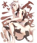  aguhari animal_ears animal_print ass bad_id bad_pixiv_id copyright_request cow_girl cow_print cow_tail horns lying nude short_hair solo tail white_hair 