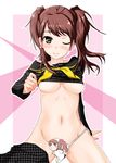  bad_id bad_pixiv_id blush breasts brown_hair censored convenient_censoring ichinose_yuu kujikawa_rise medium_breasts midriff one_eye_closed panties panties_around_one_leg persona persona_4 shirt_lift smile solo twintails underboob underwear white_panties 