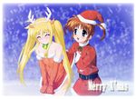  christmas fate_testarossa lyrical_nanoha mahou_shoujo_lyrical_nanoha multiple_girls santa_costume skirt skirt_lift takamachi_nanoha yutanpo 