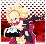  artist_request bat_wings blonde_hair bow breasts demon_girl disgaea dress huge_bow large_breasts makai_senki_disgaea_2 pointy_ears red_eyes rozalin solo strapless strapless_dress wings yellow_bow 