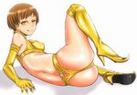  ass boots brown_hair dark_persona elbow_gloves em gloves leather naughty_face persona persona_4 satonaka_chie short_hair smile solo thighhighs yellow_eyes 