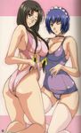  ass black_hair blue_hair breasts brown_eyes cameltoe choker cleavage covered_nipples glasses green_eyes hairband highres ikkitousen ikkitousen_great_guardians ishihara_souka kaku_bunwa large_breasts long_hair looking_back mole mole_under_mouth multiple_girls nipples no_eyepatch one-piece_swimsuit one_eye_closed purple_school_swimsuit ryomou_shimei school_swimsuit see-through short_hair smile swimsuit thighhighs yuri 