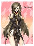  blue_eyes blush breasts brown_hair character_name gloves hair_over_one_eye large_breasts long_hair pink_background piromizu solo tabard tales_of_(series) tales_of_the_abyss tear_grants 