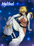  abs arm_support arrancar bleach blonde_hair breasts cleavage covered_nipples crop_top dark_skin espada green_eyes kagami_hirotaka large_breasts long_hair mask midriff no_bra no_panties revealing_clothes sitting solo spiked_hair spoilers sword tattoo teeth tier_harribel twintails underboob weapon 