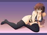  bikini boots breasts brown_hair cleavage covered_nipples glasses grey_eyes gundam gundam_00 high_heels highres large_breasts shirin_bakhtiar shoes smile solo swimsuit tadano_akira thigh_boots thighhighs 