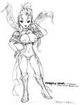  breasts demon_girl greyscale jason_robinson large_breasts marjoly marl_kingdom monochrome ponytail rhapsody sketch solo 