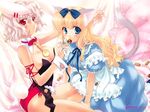  alice_(wonderland) alice_in_wonderland animal_ears bare_legs blonde_hair blue_eyes bow bowtie bunny_ears bunny_tail bunnysuit cat_ears cat_tail dress fishnet_pantyhose fishnets long_hair multiple_girls pantyhose pocket_watch red_eyes short_hair tail watch white_hair white_rabbit wrist_cuffs yano_takumi 