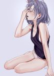  1girl animal_ears arm_support artist_name bangs bare_arms bare_legs bare_shoulders black_tank_top blush bra breasts cat_ears ear_piercing eyes_closed fkey from_side grey_background hair_between_eyes hand_on_own_face hand_up highres no_pants open_mouth original panties piercing profile signature silver_hair simple_background sitting small_breasts solo tank_top thighs underwear white_bra white_panties 
