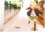  backpack bag blonde_hair blush hair_ornament hairclip koizumi_chika kyou_no_go_no_ni long_hair madam_s randoseru running scarf shirako_mugi skirt solo thighhighs 