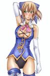  armpits blush breasts cassandra_alexandra cleavage_cutout covered_nipples elbow_gloves gloves green_eyes large_breasts metadora necktie pink_neckwear solo soulcalibur thighhighs 
