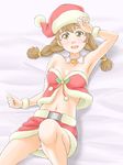  arm_up armpits blush braid breasts brown_eyes brown_hair christmas cleavage hat juicy lying medium_breasts midriff navel on_back open_mouth original panties santa_costume santa_hat skirt smile solo twin_braids underwear 