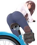  ass bicycle brown_hair denim ground_vehicle jeans long_hair looking_back miito_shido pants red_eyes solo 