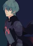  1boy alisha_(heirror) armor blue_eyes blue_hair byleth cape cravat fire_emblem fire_emblem:_fuukasetsugetsu gloves grey_background jacket looking_at_viewer male_focus nintendo short_hair simple_background solo 