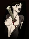  artist_request black_hair black_lipstick blood breasts character_request closed_eyes copyright_request death guro large_breasts lipstick makeup nipples open_clothes open_shirt shirt solo stake vampire 