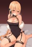  1girl arms_behind_back bangs bare_shoulders bed_sheet black_bow black_dress black_panties blonde_hair blush bow breasts brown_background brown_eyes canape_(canape0130) cleavage closed_mouth commentary dress eyebrows_visible_through_hair flower garter_straps girls_frontline hair_between_eyes hair_bow hair_flower hair_ornament long_hair looking_at_viewer medium_breasts nose_blush ots-14_(girls_frontline) panties pelvic_curtain sitting sleeveless sleeveless_dress solo sweat torn_clothes torn_dress underwear very_long_hair white_flower yokozuwari 