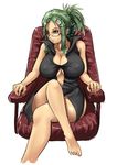 barefoot breasts chair cleavage copyright_request covered_nipples crossed_legs dress eyeshadow feet glasses green_hair homura_(haku89) huge_breasts legs long_hair makeup mole mole_under_mouth sitting solo yellow_eyes 