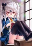  1girl :o ass bangs black_bow black_legwear blazer blue_jacket blue_skirt blush book bow collared_shirt commentary_request eyebrows_visible_through_hair feet glasses hair_between_eyes hair_bow hair_ornament hairclip highres jacket long_hair looking_over_eyewear moe2019 necktie no_shoes open_blazer open_book open_clothes open_jacket orange_neckwear original panties parted_lips plaid plaid_skirt pleated_skirt red-framed_eyewear red_eyes rin2008 shirt silver_hair sitting skirt soles solo sweater_vest thighhighs twintails underwear white_panties white_shirt window 