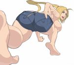  ahoge ass barefoot blonde_hair breasts cleavage facial_scar feet from_behind hidarikiki huge_breasts long_hair nose_scar original ponytail scar shorts skin_tight solo topless very_long_hair 