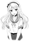  1girl asymmetrical_bangs bangs bow collarbone commentary_request greyscale hairband kantai_collection kyougoku_shin long_hair looking_at_viewer monochrome open_mouth pleated_skirt sagiri_(kantai_collection) sailor_collar school_uniform serafuku short_sleeves simple_background skirt solo swept_bangs tareme 
