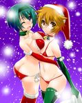  ass asymmetrical_docking bell bell_collar bikini blue_eyes blush breast_press breasts brown_eyes brown_hair christmas collar elbow_gloves flat_chest glasses gloves green_gloves green_hair green_legwear hat hug large_breasts lowleg lowleg_bikini micro_bikini multiple_girls one_eye_closed red_gloves red_legwear santa_hat shinama short_hair side-tie_bikini snow swimsuit symmetrical_docking thighhighs to_heart_2 yamada_michiru yoshioka_chie 