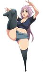  bad_feet bad_id bad_pixiv_id black_legwear blue_eyes breasts cleavage denim denim_shorts feet foreshortening hidarikiki huge_breasts leg_lift leg_up legs long_hair midriff navel open_mouth original purple_hair shorts solo thighhighs thighs very_long_hair 