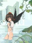  bad_id bad_pixiv_id black_wings brown_hair fu_(mushibun) fundoshi hat japanese_clothes looking_at_viewer lowres red_eyes shameimaru_aya short_hair solo surprised touhou wings 