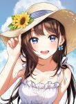  1girl :d adjusting_clothes adjusting_hat bangs blue_eyes breasts brown_hair cleavage cloud dress earrings fingernails flower hat highres jewelry long_hair looking_at_viewer medium_breasts morikura_en open_mouth original outdoors sky smile solo standing sunflower teeth upper_body 