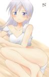  annoyed barefoot bed blue_eyes blush dutch_angle eila_ilmatar_juutilainen hanyu lingerie long_hair lying off_shoulder on_side panties purple_hair signature solo strike_witches underwear world_witches_series 