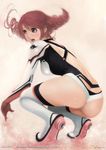  ass boots copyright_request lokman_lam pink_eyes pink_hair solo squatting thigh_boots thighhighs 