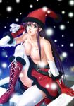  breasts chimney christmas copyright_request green_eyes large_breasts nipples purple_hair snow solo takatan thighhighs 