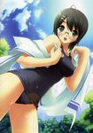  absurdres black_hair black_school_swimsuit cloud day gennosuke glasses grey_eyes highres one-piece_swimsuit school_swimsuit short_hair sky solo swimsuit towel wet yorihime_nao yosuga_no_sora 