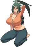  bad_id bad_pixiv_id barefoot blush breasts bursting_breasts cleavage covered_nipples curvy green_hair hidarikiki huge_breasts long_hair love_handles nipples original plump red_eyes sitting smile solo 