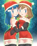  alternate_costume alternate_headwear amada ass bad_id bad_pixiv_id black_gloves blue_eyes blue_hair brown_hair christmas collar elbow_gloves gloves haruka_(pokemon) hat hikari_(pokemon) multiple_girls pokemon santa_costume thighhighs 