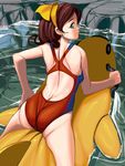  back bad_id bad_pixiv_id blue_eyes brown_hair competition_swimsuit cowboy_shot hairband looking_back masao one-piece_swimsuit original short_hair solo swimsuit water 