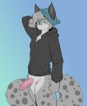  anthro balls bottomless clothed clothing felid feline half-erect humanoid_penis looking_at_viewer lynx male mammal munks_(artist) penis solo standing 