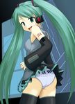 ass bad_id bad_pixiv_id bare_shoulders detached_sleeves from_behind green_eyes green_hair hatsune_miku long_hair looking_at_viewer looking_back open_mouth panties piano_print regdic smile solo thighhighs twintails underwear vocaloid 