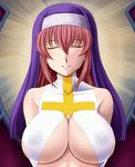  abriel00 arcana_heart arcana_heart_2 areolae breasts clarice_di_lanza cleavage closed_eyes cross habit large_breasts long_hair midriff nipples no_bra nun pink_hair see-through smile solo underboob 
