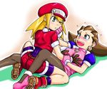  blonde_hair blush breast_grab breasts brown_hair capcom grabbing green_eyes judge_martin pantyhose rockman rockman_dash roll roll_caskett tears tron_bonne yuri 