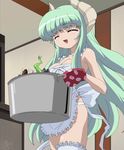  apron armpits breasts cleavage closed_eyes cooking falce frills green_hair happy highres horns long_hair magician's_academy medium_breasts naked_apron non-web_source oven_mitts panties pot solo thighhighs underwear very_long_hair white_panties 